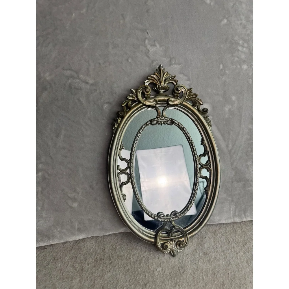 Vintage Ornate Oval Mirror Antique Silver Italy Baroque Scrollwork 18.5x11.5
